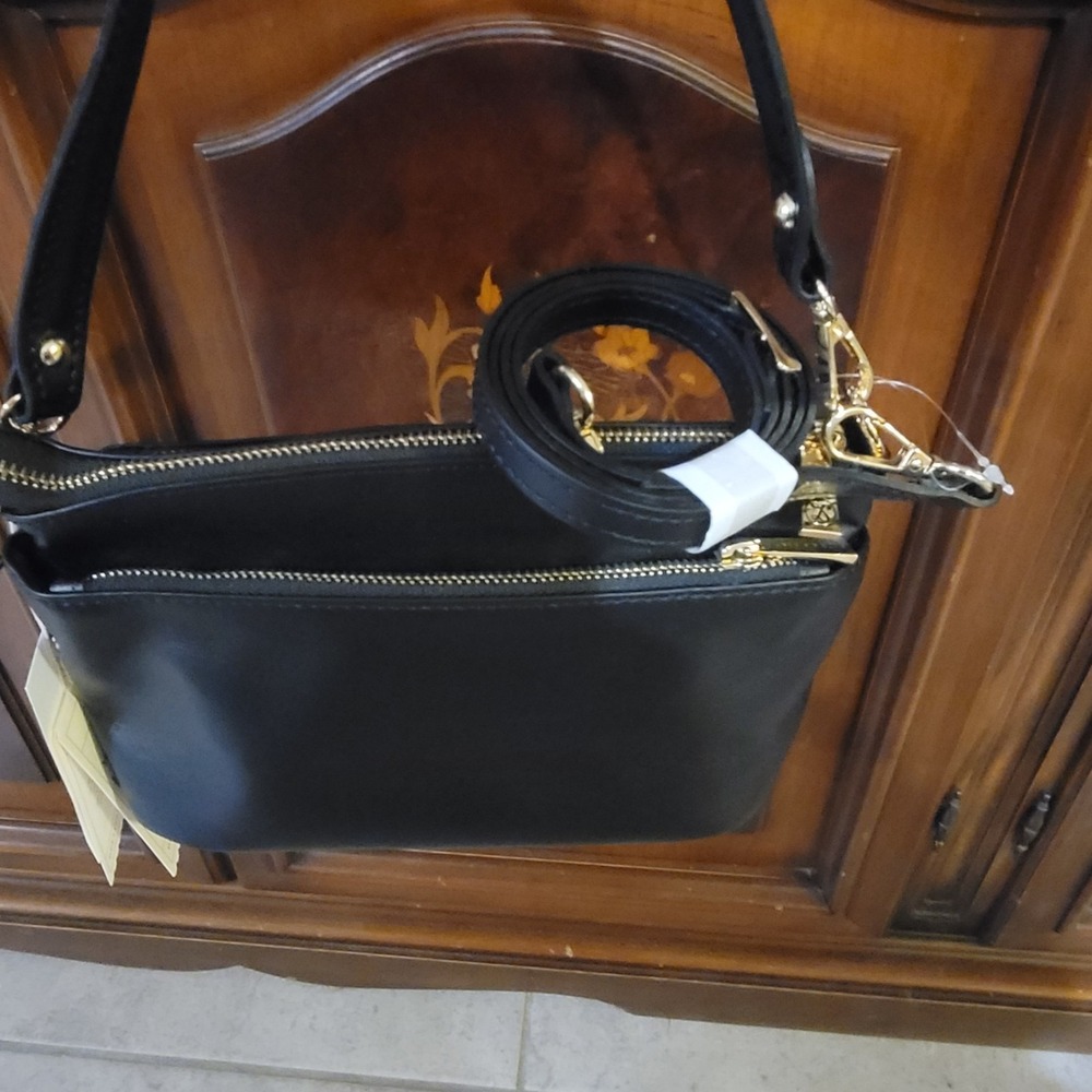 Divina Firenza Lilla Black leather 3 zip bag 2 outer pockets zippered - Picture 2 of 12